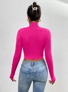Flirla Zip Half Placket Crop Slim Tee Fall Cloth For Women - Hot Pink - View 2