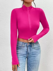 Flirla Zip Half Placket Crop Slim Tee Fall Cloth For Women - Hot Pink - View 3