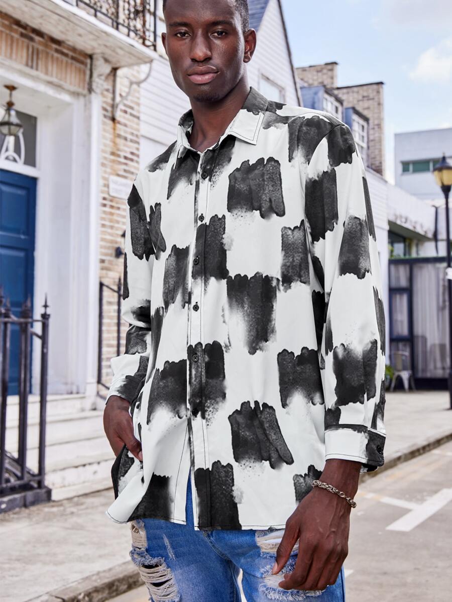 Men Tie Dye Button Up Shirt - Black and White - View 1