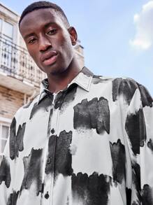 Men Tie Dye Button Up Shirt - Black and White - View 3
