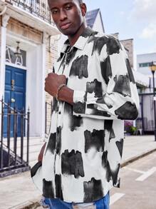 Men Tie Dye Button Up Shirt - Black and White - View 4