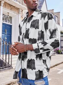Men Tie Dye Button Up Shirt - Black and White - View 6