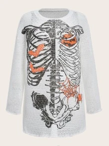 ROMWE PUNK Halloween Pumpkin & Bat Print Split Back Tee Dress - White - View 1