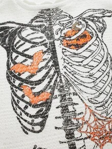 ROMWE PUNK Halloween Pumpkin & Bat Print Split Back Tee Dress - White - View 3