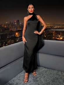 SHEIN X Tarsha Whitmore SHEIN Belle 不对称领口垂坠露背缎面连衣裙黑色优雅正式晚会舞会婚礼宾客礼服，适合毕业典礼、晚宴派对礼服 - 黑色 - 查看 4