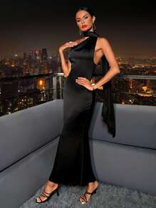 SHEIN X Tarsha Whitmore SHEIN Belle 不对称领口垂坠露背缎面连衣裙黑色优雅正式晚会舞会婚礼宾客礼服，适合毕业典礼、晚宴派对礼服 - 黑色 - 查看 5