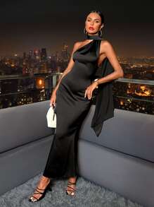 SHEIN X Tarsha Whitmore SHEIN Belle 不对称领口垂坠露背缎面连衣裙黑色优雅正式晚会舞会婚礼宾客礼服，适合毕业典礼、晚宴派对礼服 - 黑色 - 查看 7