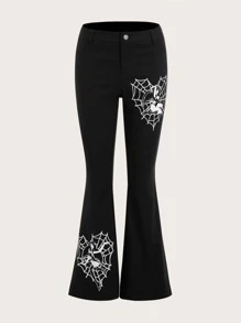 ROMWE PUNK Figure & Spider Web Print Flare Leg Trousers - Black - View 1