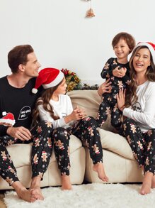 Men 1pc Christmas Print Sleep Tee & 1pc Trousers - Black - View 2