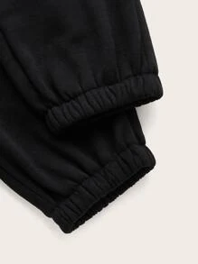 SHEIN PETITE Solid Elastic Waist Black Sweatpants Graduation,Back To School Outfits,Graduation,Teacher Outfits For Women,Back To School - Black - View 4