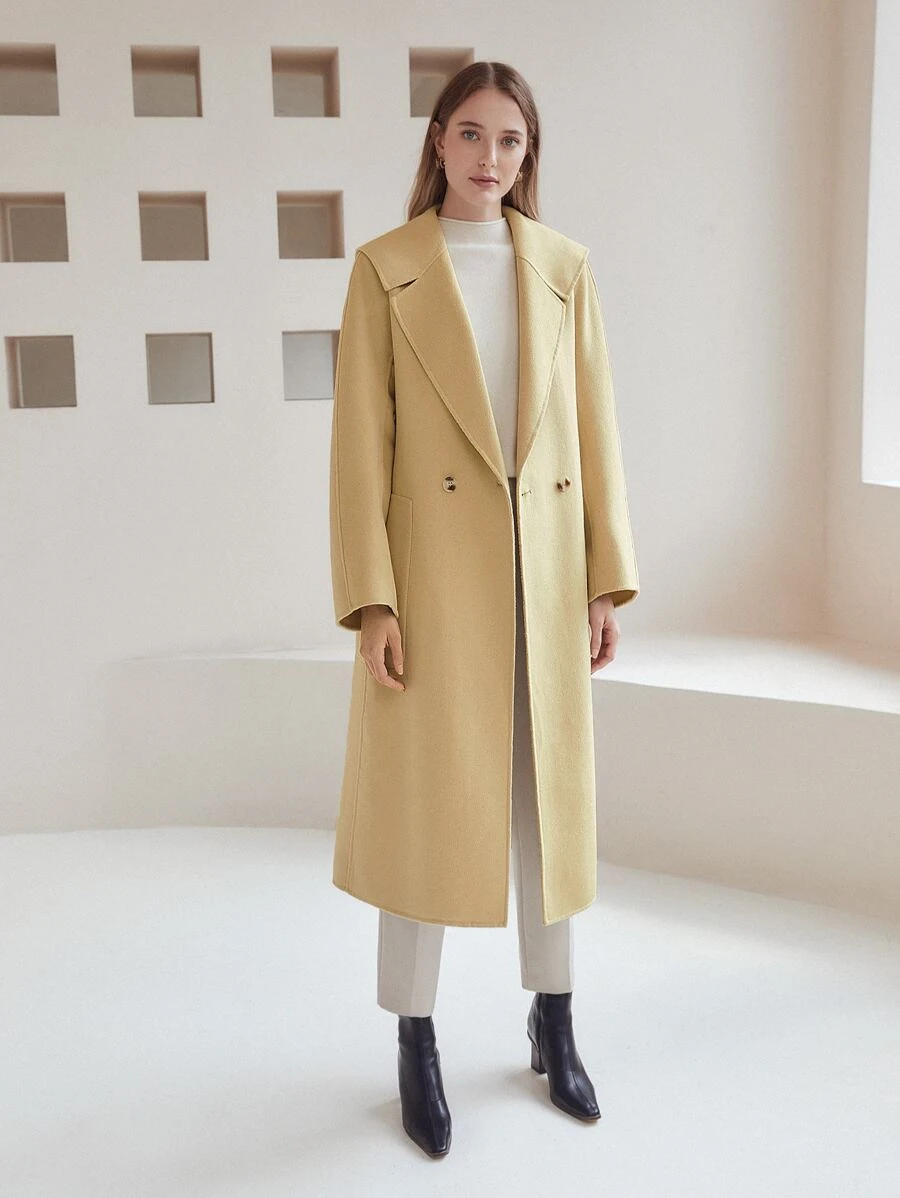 MOTF PREMIUM Abrigo mezcla de lana de cuello exagerado con cinturón - Amarillo - Ver 1