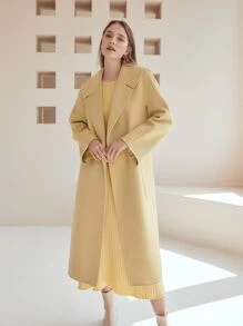 MOTF PREMIUM 羊毛混紡誇大領口腰帶花呢外套 - 黃色 - 查看 5