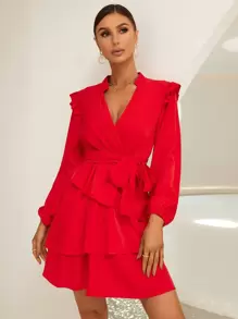 SHEIN Privé 木耳褶皺邊缺口領燈籠袖層疊下擺繫腰帶連衣裙 - 紅色 - 查看 1