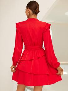 SHEIN Privé 木耳褶皺邊缺口領燈籠袖層疊下擺繫腰帶連衣裙 - 紅色 - 查看 2