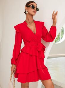 SHEIN Privé 木耳褶皺邊缺口領燈籠袖層疊下擺繫腰帶連衣裙 - 紅色 - 查看 6