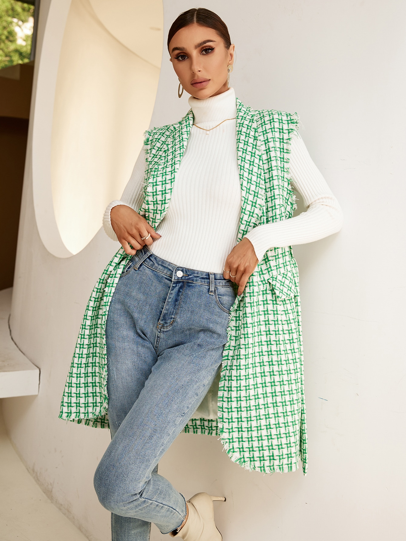 Plaid Raw Trim Shawl Collar Belted Overcoat Without Sweater SHEIN USA