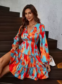 SHEIN LUNE Tie Dye Lantern Sleeve Ruffle Hem Dress - Multicolor - View 1