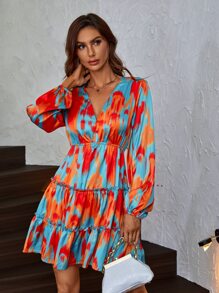 SHEIN LUNE Tie Dye Lantern Sleeve Ruffle Hem Dress - Multicolor - View 4