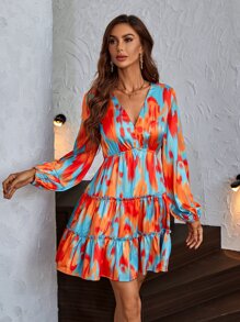 SHEIN LUNE Tie Dye Lantern Sleeve Ruffle Hem Dress - Multicolor - View 5