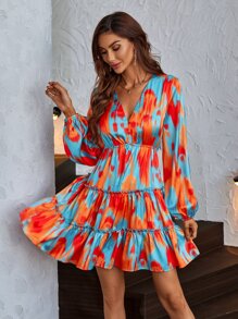 SHEIN LUNE Tie Dye Lantern Sleeve Ruffle Hem Dress - Multicolor - View 6