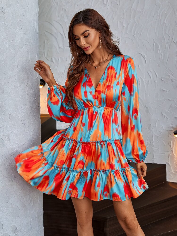 SHEIN LUNE Tie Dye Lantern Sleeve Ruffle Hem Dress - Multicolor - View 6