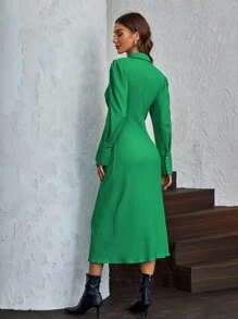 GENKIRA Button Front Puff Sleeve Shirt Dress - Green - View 2