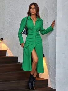 GENKIRA Button Front Puff Sleeve Shirt Dress - Green - View 4