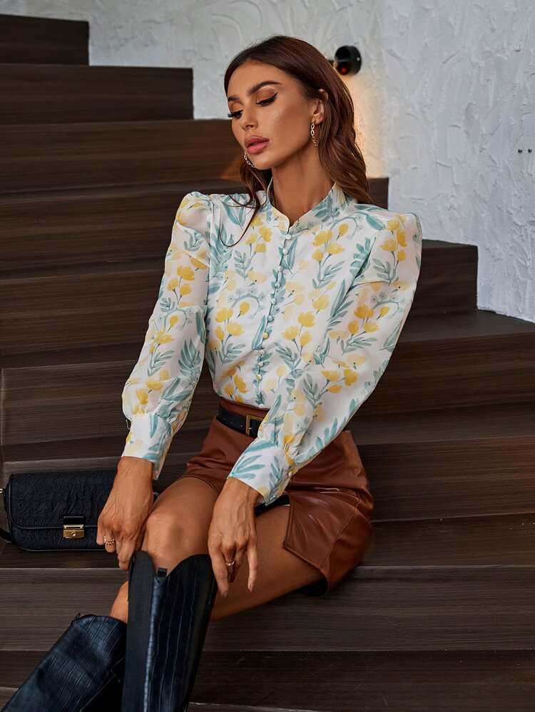 SHEIN Clasi Allover Floral Lantern Sleeve Shirt - Multicolor - View 6