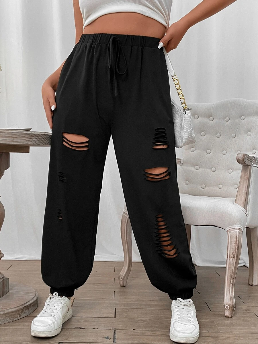 Flirla Plus Tie Waist Ripped Joggers - Black - View 1