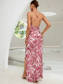 SHEIN Unity 滿版印花高衩吊帶洋裝 - 紅白色 - 查看 6