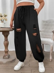Flirla Plus Tie Waist Ripped Joggers - Black - View 3