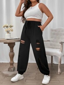 Flirla Plus Tie Waist Ripped Joggers - Black - View 4