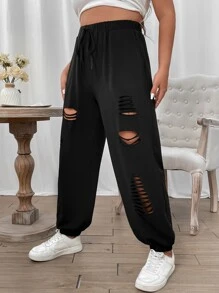 Flirla Plus Tie Waist Ripped Joggers - Black - View 5