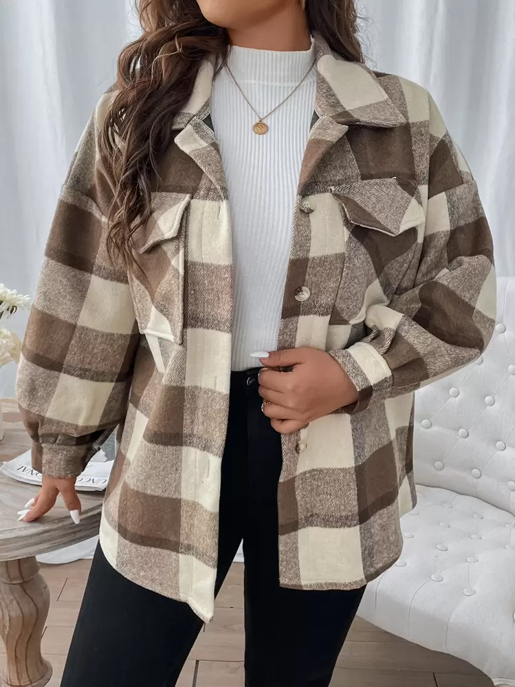 SHEIN LUNE Manteau à carreaux poche à rabat