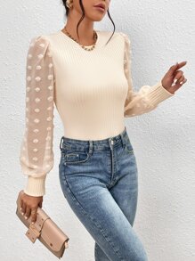 SHEIN Privé Contrast Swiss Dot Mesh Lantern Sleeve Bodysuit - Apricot - View 1