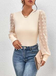 SHEIN Privé Contrast Swiss Dot Mesh Lantern Sleeve Bodysuit - Apricot - View 4