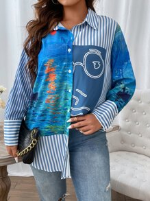 Calvaya Plus Striped & Graphic Print Shirt - Multicolor - View 3