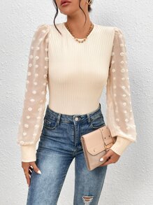 SHEIN Privé Contrast Swiss Dot Mesh Lantern Sleeve Bodysuit - Apricot - View 6