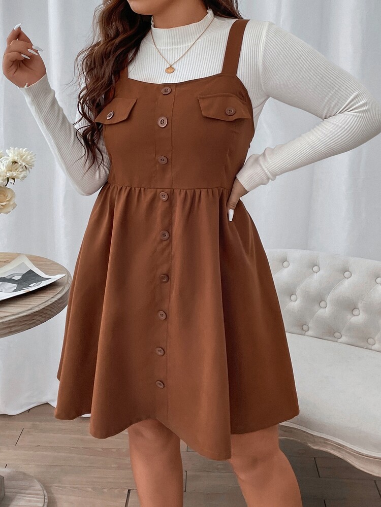 SHEIN LUNE Plus Button Front Pinafore Dress Without Jumper - Brown - View 1