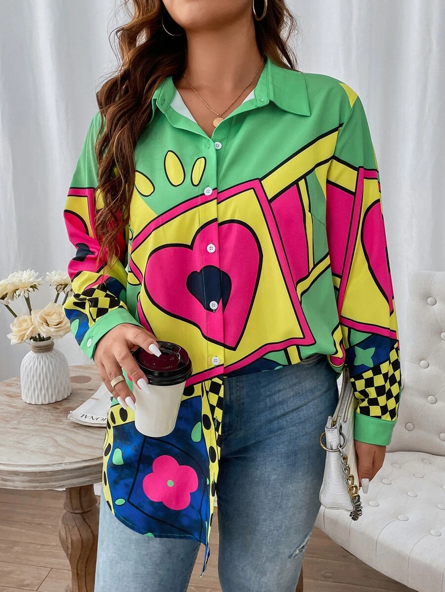 SHEIN LUNE Plus Geo & Floral Print Shirt - Multicolor - View 1