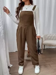Flirla Jumpsuits Plus Size Nút Túi màu trơn Sẵn sàng - Màu nâu  Mocha - Xem 1