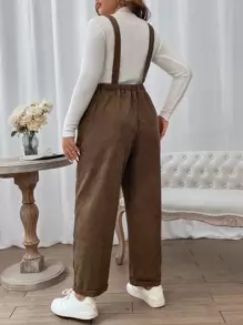 Flirla Jumpsuits Plus Size Nút Túi màu trơn Sẵn sàng - Màu nâu  Mocha - Xem 2