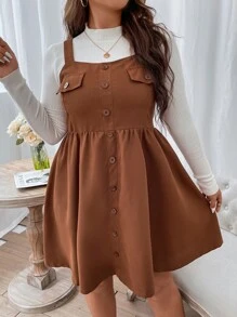 SHEIN LUNE Vestido overol con botón delantero sin jersey - Marrón - Ver 4