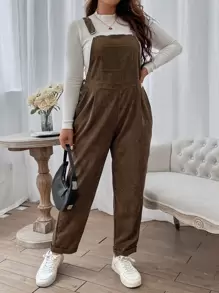Flirla Jumpsuits Plus Size Nút Túi màu trơn Sẵn sàng - Màu nâu  Mocha - Xem 3
