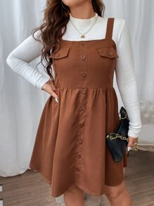 SHEIN LUNE Vestido overol con botón delantero sin jersey - Marrón - Ver 5