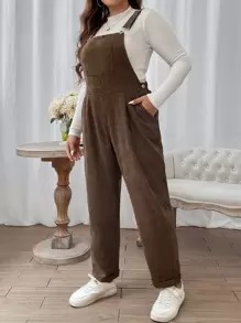 Flirla Jumpsuits Plus Size Nút Túi màu trơn Sẵn sàng - Màu nâu  Mocha - Xem 4