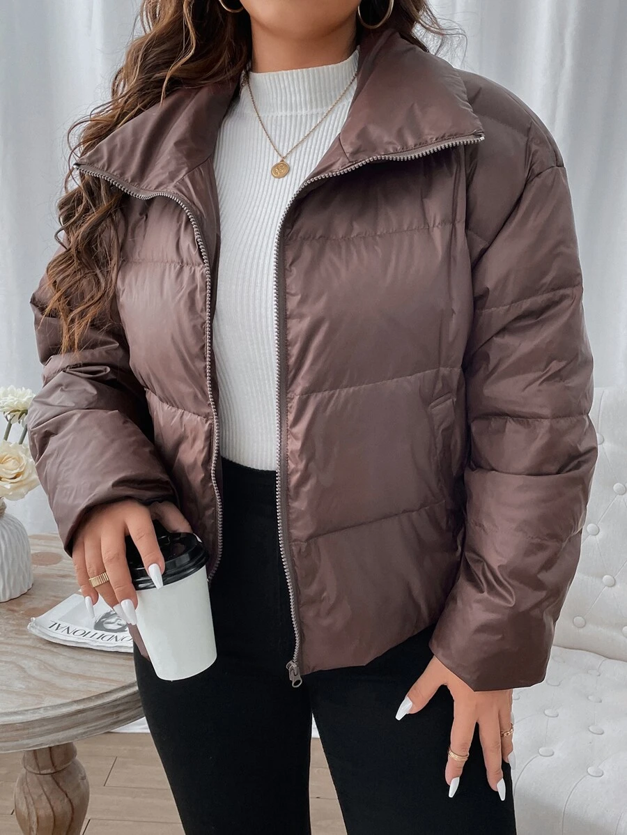 Flirla Plus Drop Shoulder Zip Up Down Coat - Mauve Purple - View 1