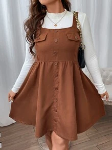 SHEIN LUNE Vestido overol con botón delantero sin jersey - Marrón - Ver 6