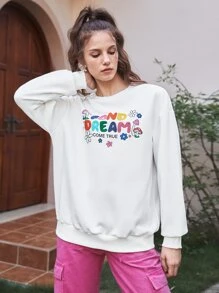 SHEIN MOD Floral & Mushroom Print Patch Detail Drop Shoulder Pullover - White - View 1