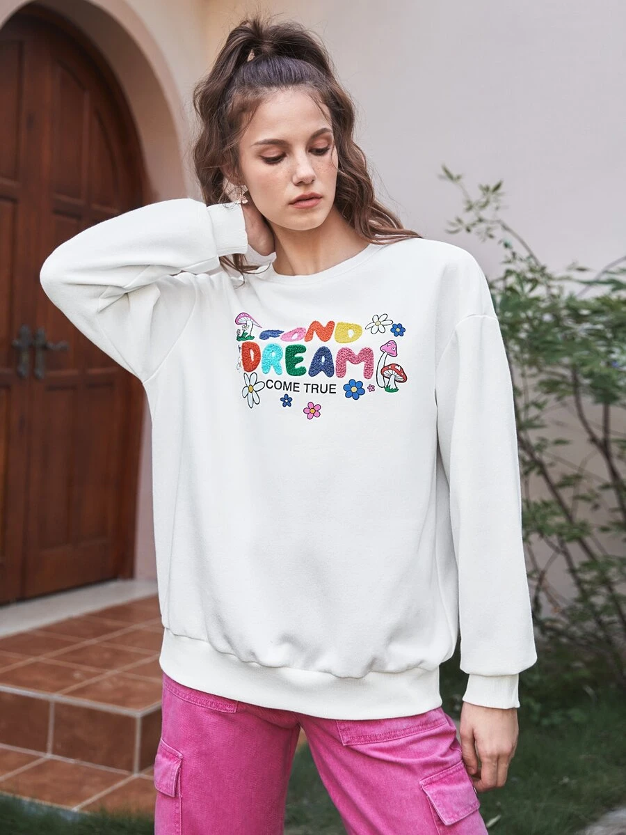 SHEIN MOD Floral & Mushroom Print Patch Detail Drop Shoulder Pullover - White - View 1